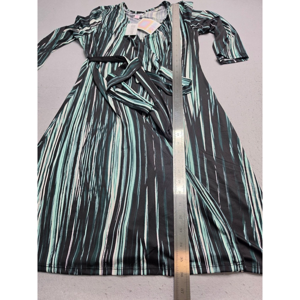 LuLaRoe Wrap Dress Women's Small Green Black Striped Tie Waist 3/4 Sleeve Casual - Picture 5 of 7